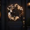 Orange Warm Light Halloween Decor Floral Garland, with String Lights, Black Cat Silhouette Nighttime Glowing Wreath Wreath, for Front Door