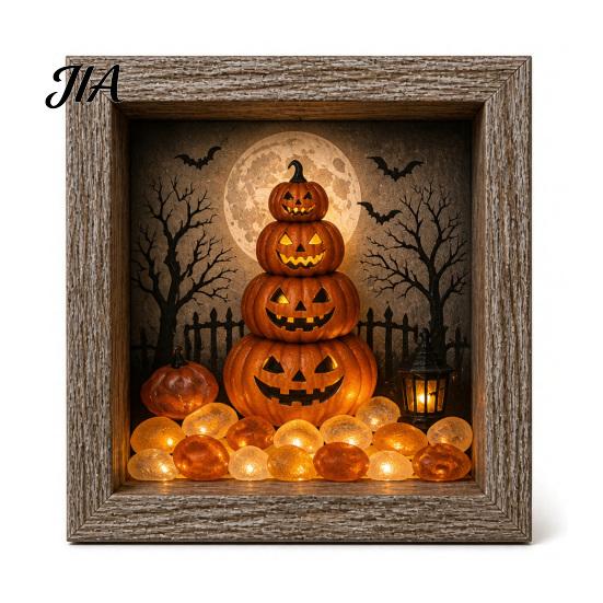 Seasonal Interior Decor Halloween Shadow Box Frame DIY Lighted Craft Kit, Wooden Night Light with Unique Gift for Lovers Sea Glass Stones, Gothic LED