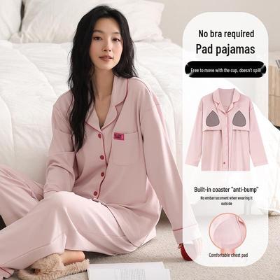 Women's Plus-Size Pure Cotton Long Sleeve Pajama Set with Breast Pads - High-End Spring/Autumn Home Wear
