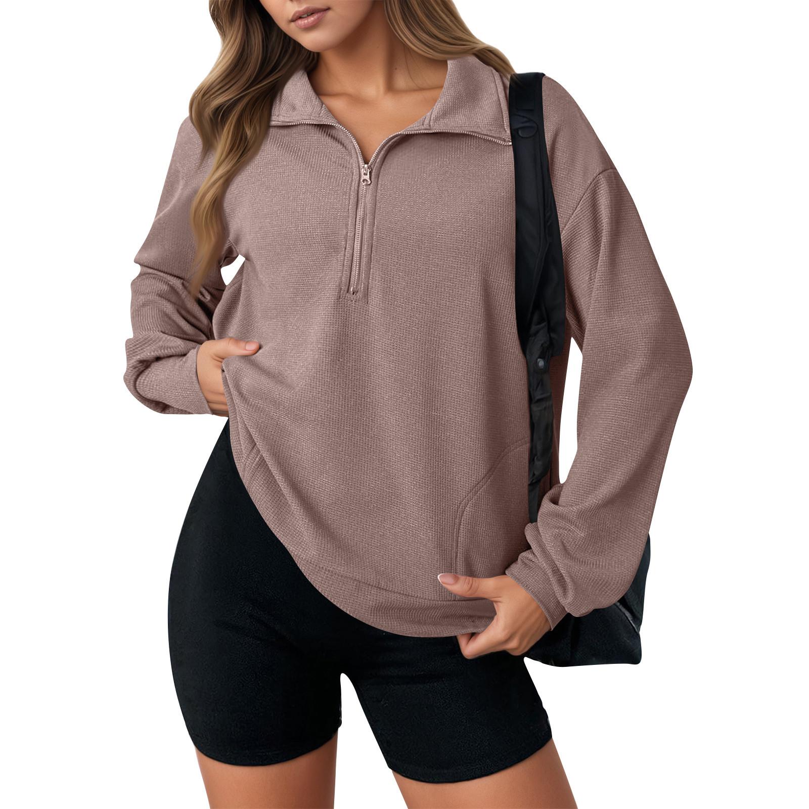 

Women s Fashion Solid Color Zipper Lapel Solid Color Casual Sweatshirt Top L кавовий