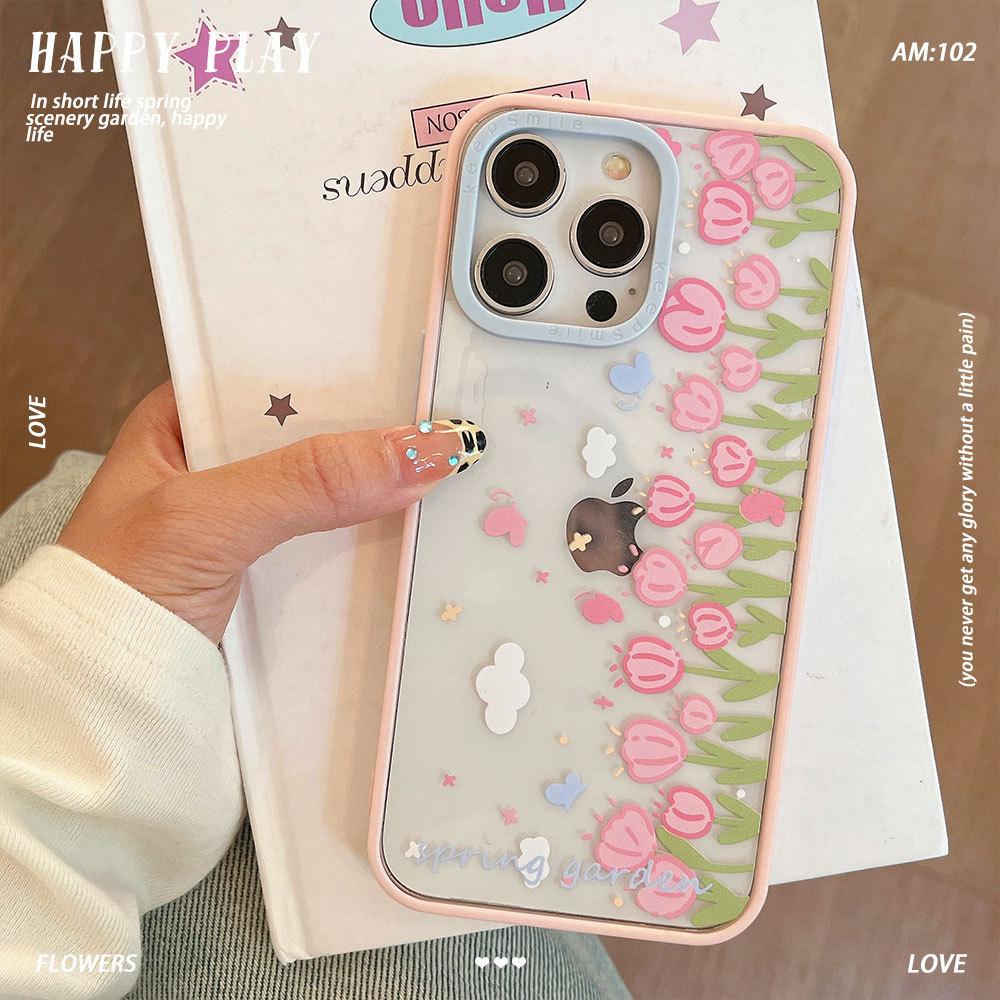 New Full screen Tulips Suitable for Apple 16 Mobile Phone Case Iphone15 Protective Case 14pro Acrylic 13 Women
