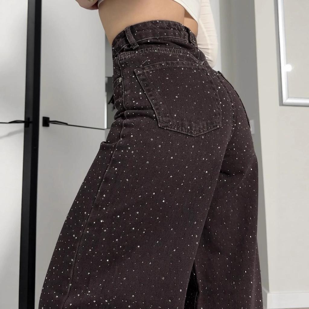 European and American cross-border American rhinestone jeans retro hot diamond personalized high street trendy brand high waist straight loose wide-le