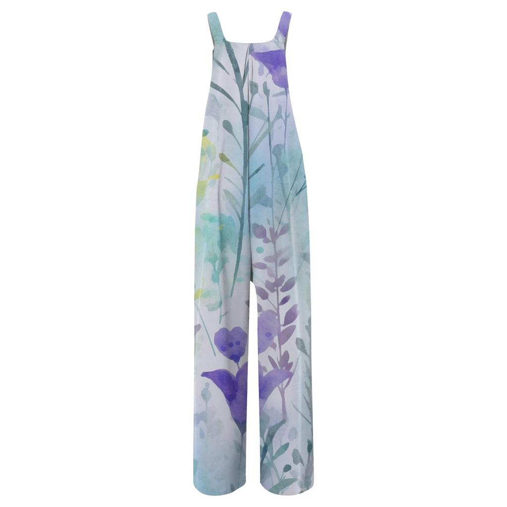 Women's Fashion Casual Loose With Pockets  Sleeveless Printed Jumpsuit
