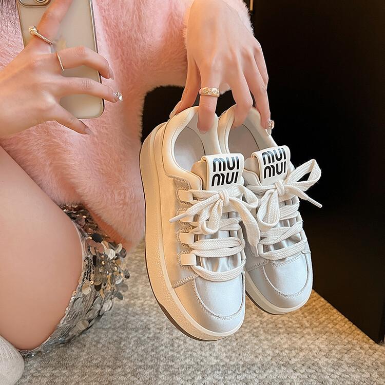 Lightning hair~ 2025 spring satin lace-up casual shoes 4.5cm thick baseplate shoes round head lace-up white shoes