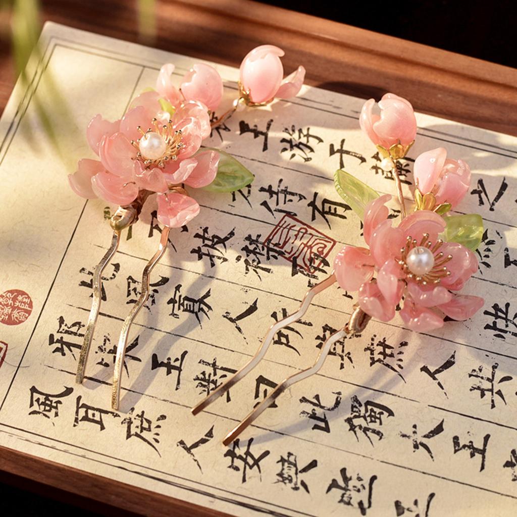1/2 szt. Spinka do włosów z kwiatem brzoskwini Nowy chiński styl Różowa kwiatowa spinka do włosów z perłą kryształowym stopem Ozdoba do włosów dla Hanfu Cosplay