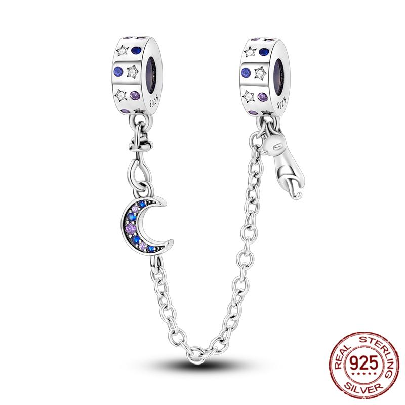Breloque Chaîne de Sécurité Étoiles et Lune Trèfle à Quatre Feuilles en Cuivre pour Bracelet Authentique DoItYourself Bijoux Cadeaux