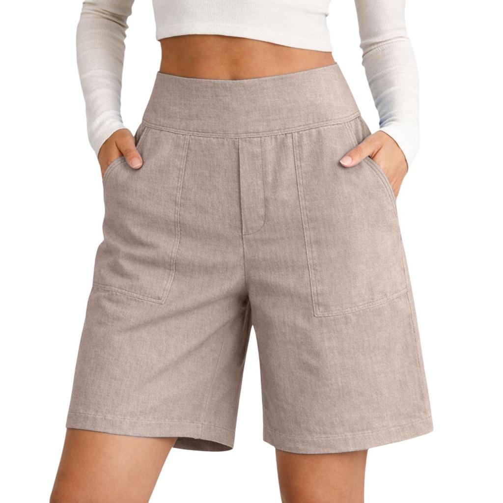 Damen Farbe Baumwolle Leinen Lässig Taille Shorts Mit Taschen Und Dreiviertelshorts