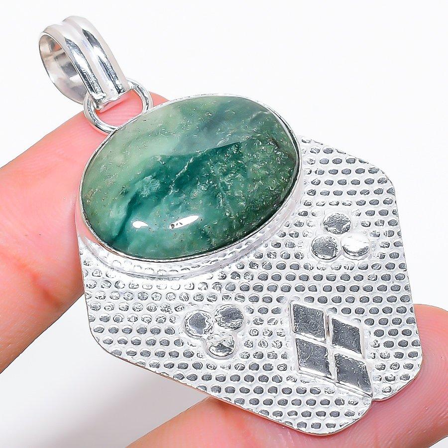 Chrysoprase Gemstone Handmade 925 Sterling Silver Jewelry Pendant 2.29"