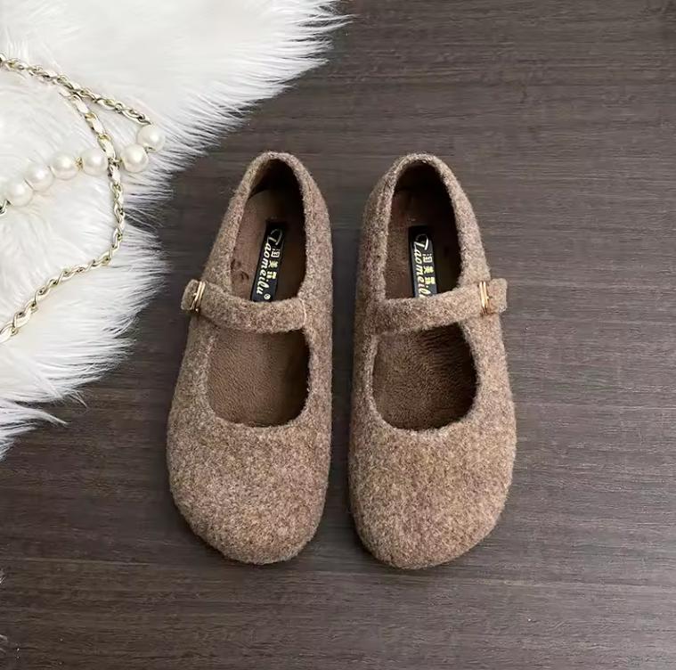 Square Toe Felt Woolen Mary Janes Woman Tabis Flats Cotton Shoes Ladies Winter Strap Buckle Loafers Female Boots Furry Mocasines