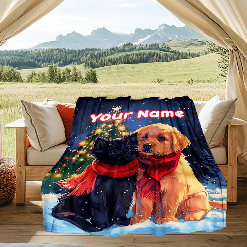 1PC Custom Name Christmas Cats Dogs outdooor Flannel blankets Throw Blanket All-Season Throw Gift Bedspread for Couch, Bed, Camping Holiday Birthda