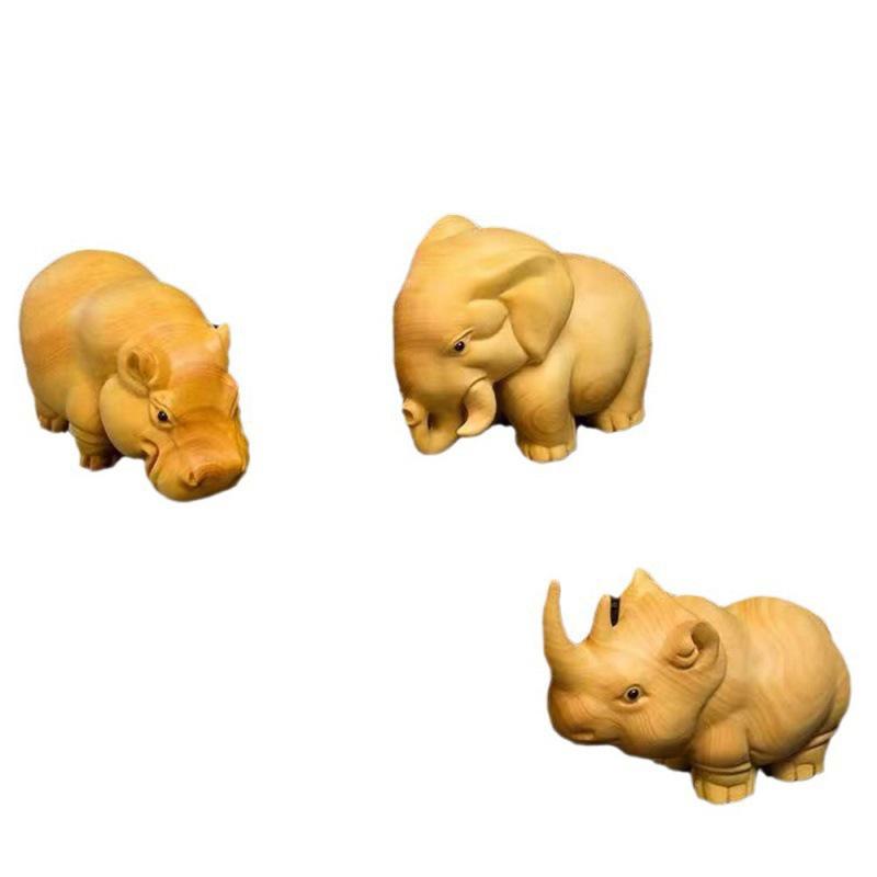 Taihang Cliff Cypress African Animal Trio Carving - Cute Wooden Hippopotamus, Elephant & Rhinoceros Ornament