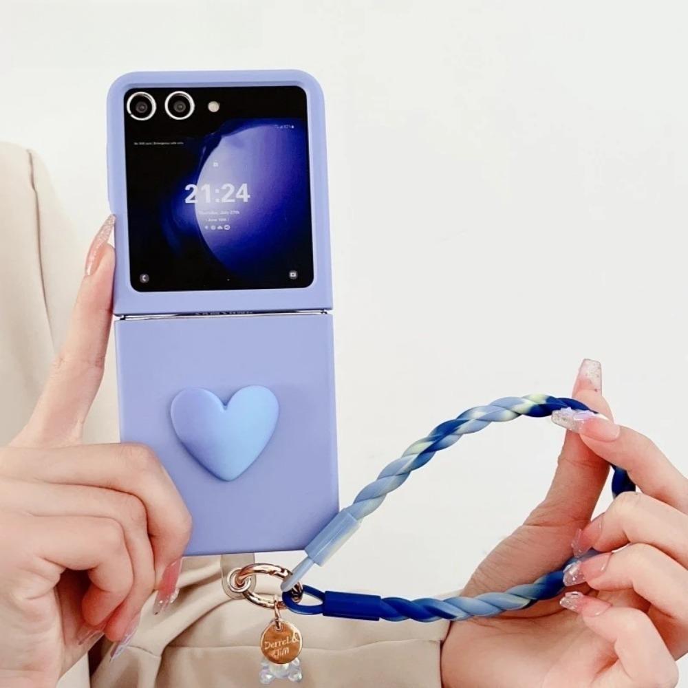 Luxury Candy Color 3D Love Heart Matte Phone Case for Samsung Z Flip 7 6 5 Gradient Bear Wristband Lanyard Shockproof protect Cover Samsung Flip7