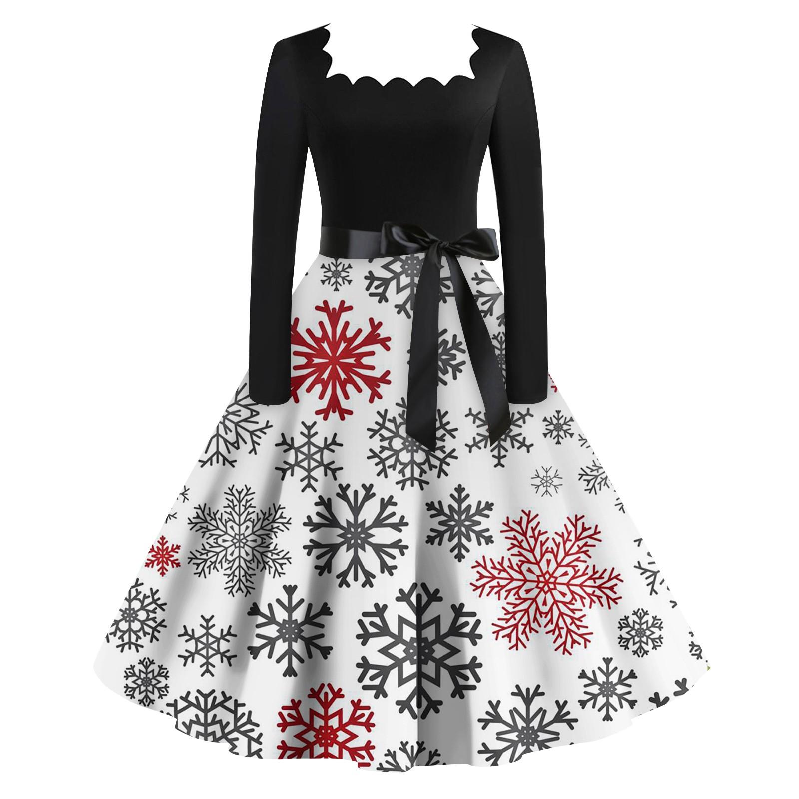 Женская мода винтаж с длинным рукавом квадратный вырез рождественский принт вечерние — фото 11