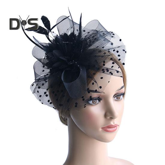 Feather Mesh Decorative Top Hat Headband Party Hair Accessories Women Flower Decor Dot Print Headpiece