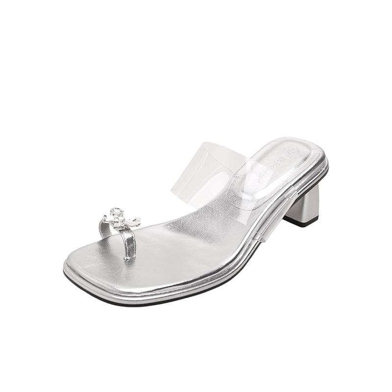 

Sheepskin~ Su Yinyin s same summer butterfly rhinestone temperament square head height increase transparent belt high heel cool slippers women s summe 40