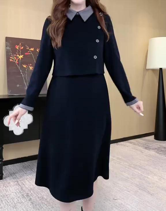 

Весеннее европейское платье-двойка с лацканами для женщин среднего возраста - Повседневная одежда для работы в офисе XL (120-140 jin) темно-синий