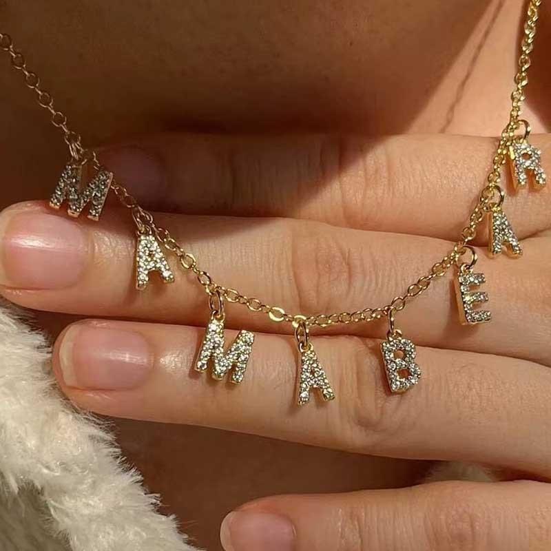 Customized Name Necklace Personalized Zircon 26 Capital Letter Stainless Steel Choker Necklace Pendant Nameplate Jewelry Gift Gold Color