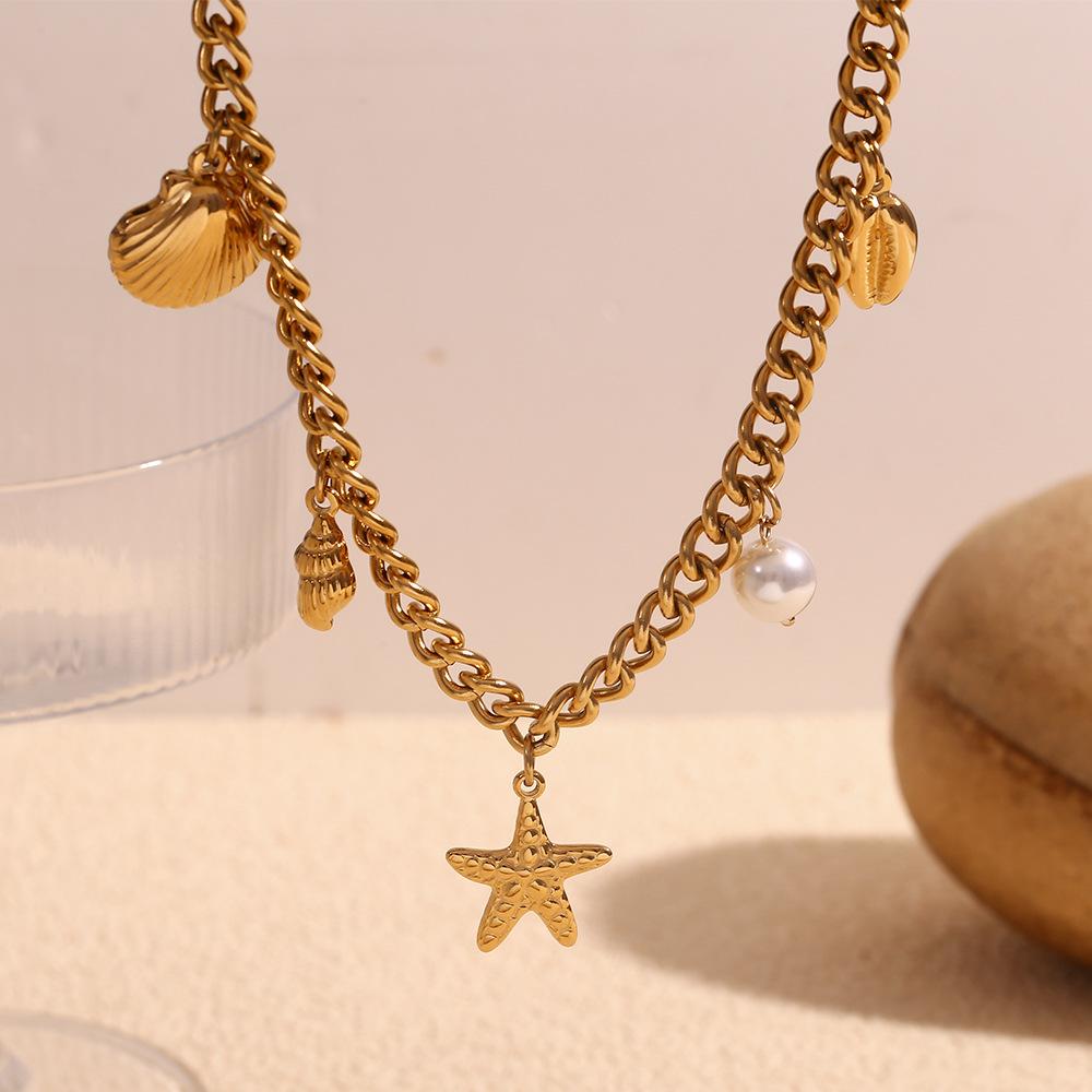 Fashionable and Retro Explosive Pendant Stainless Steel Plated with 18K Gold Ocean Style Pendant Side Chain Necklace for Women