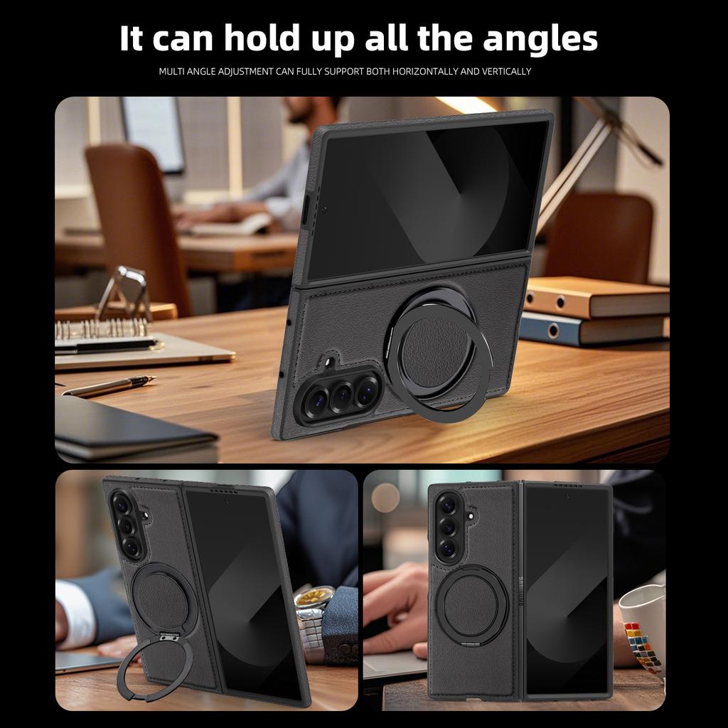 For Samsung Galaxy Z Fold7 5G Case with Ring Kickstand Magnetic Case PU Leather Back Cover