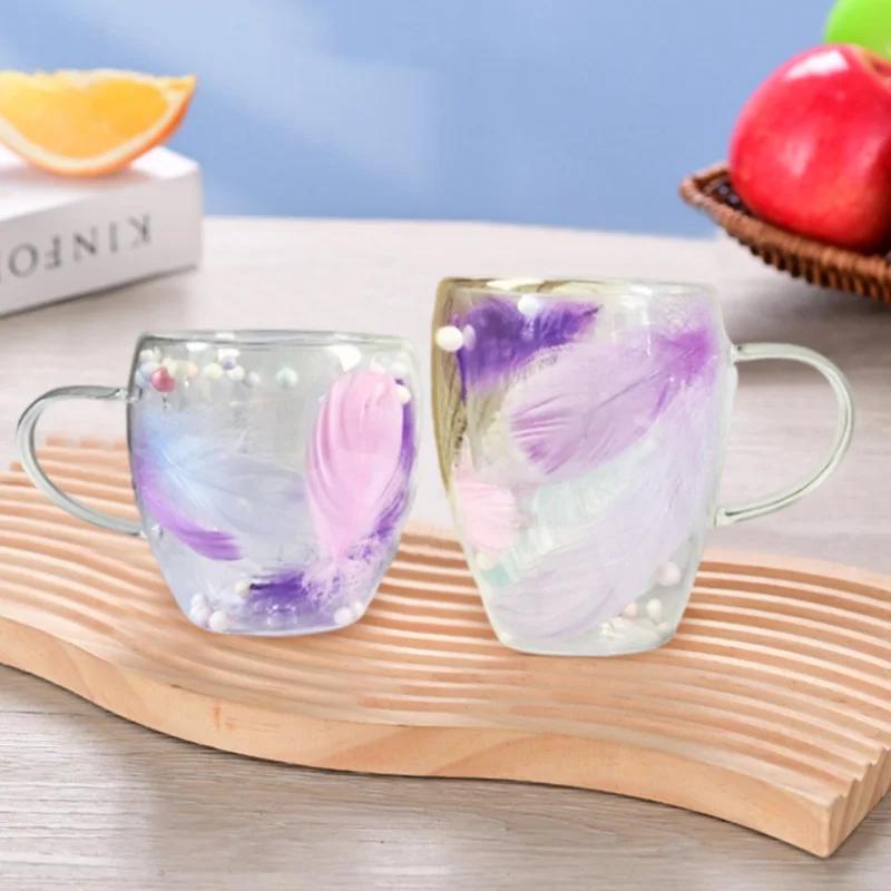 250/350ML Glass Cup Feather Design Double-layer Coffee Cup Clear Heat-resistant Glass Mug Household Office Exquisite Gifts Cups