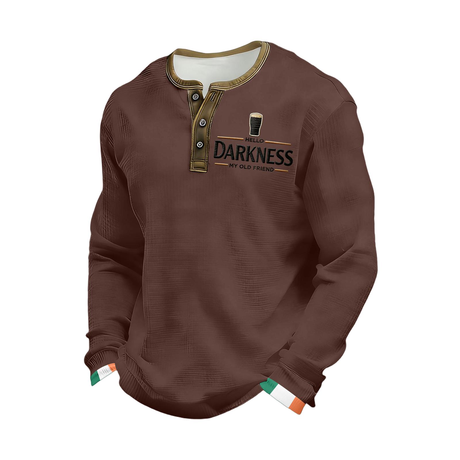 Men s V-neck decorative button casual long-sleeved shirt M коричневый