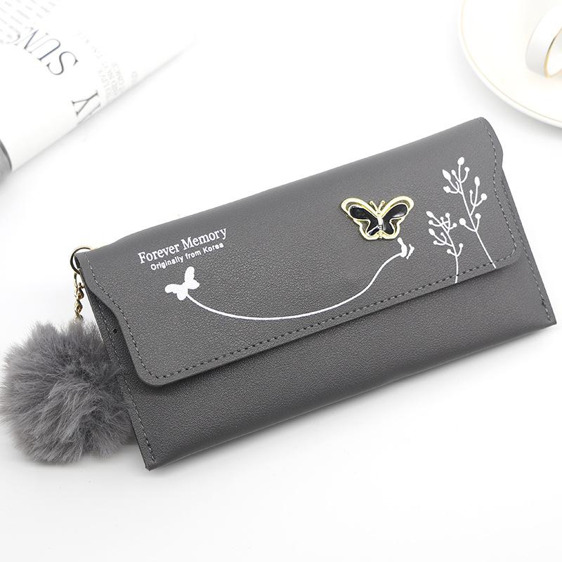 

Fashion Fur Ball Wallet for Women Solid Color PU Leather Long Standard Wallets Butterfly Card Holders Purse Female Bag