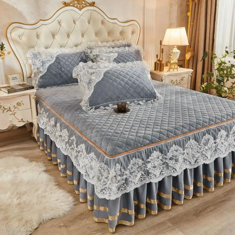 Toamnă și iarnă Fustă de pat din lână caldă, din bumbac, căptușită, husă de pat îngroșată, stil prințesă, husă de pat antiderapante
