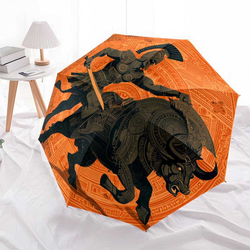 Warrior Cow pattern, automatic folding umbrella, portable and foldable design, 8 ribs, a Christmas or birthday gift.