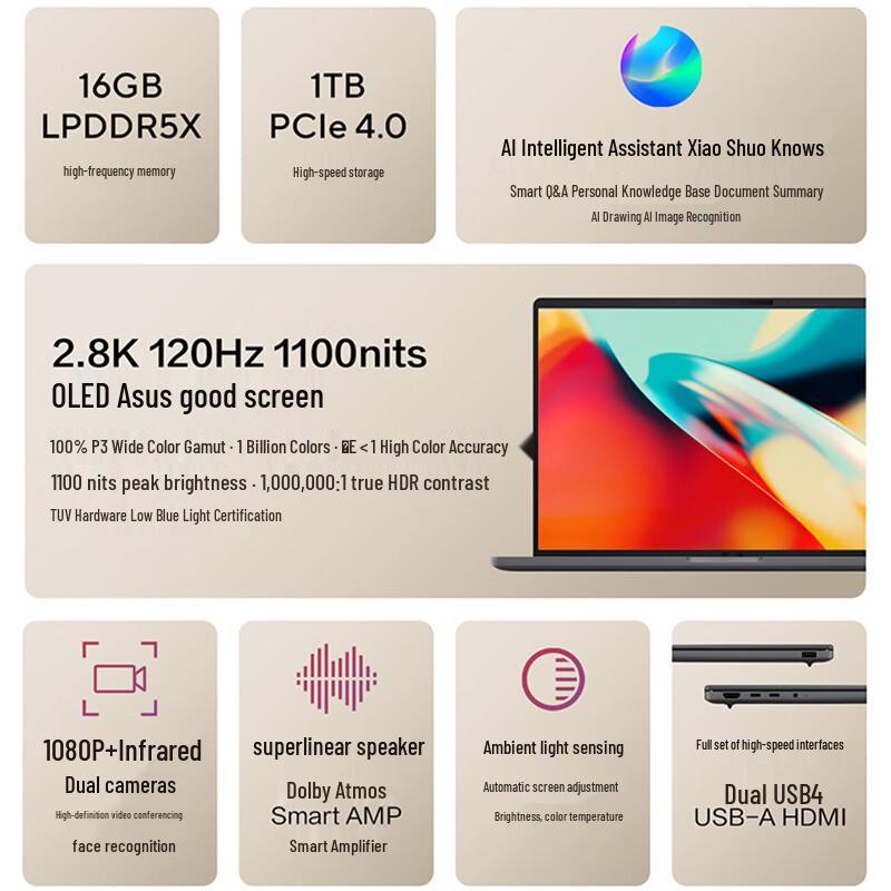 ASUS Zenbook 14 Air AI Laptop - Snapdragon X2 Elite, 2.8K OLED (CN version)