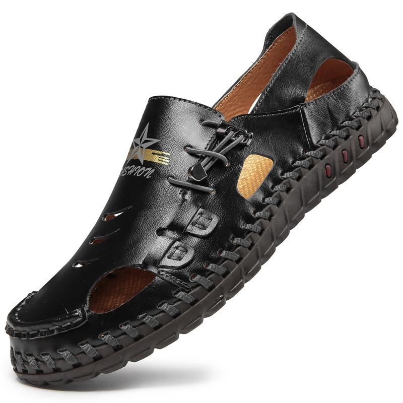 Plus Size Beach Men's Leather Shoes Closed Toe Leather Sandals Casual Hole Summer Cowhide Slippers Summer
