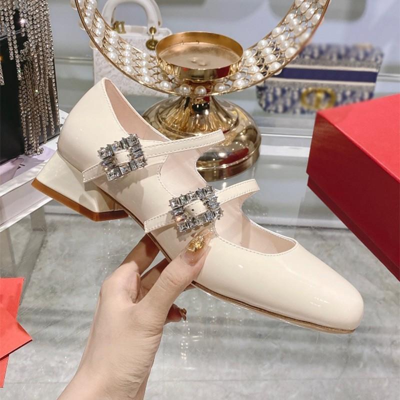 Sheepskin Version 2025 New Su Yinyin Same Square Head Leather Rhinestone Buckle with Thick Heel Mary Jane Single Shoes Women's Wedding Shoes