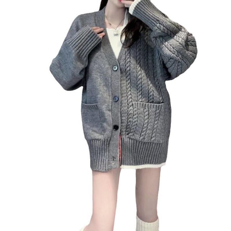 College style loose neck sweater jacket women's autumn and winter new soft waxy versatile contrasting color twist cardigan