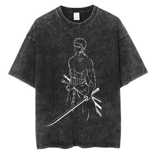 Japanese Anime One Piece Retro Washed Tshirt Men and Women Summer Harajuku YK Clothing Round Neck Short Sleeved Tshirt Unisex