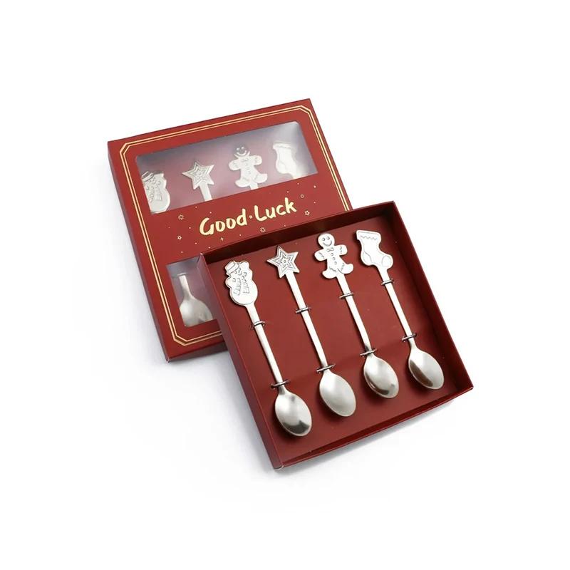 4PCS Stainless Steel Christmas Gift Spoon Fork Set Scoop Fruit Fork Coffee Spoon Cutlery Set Christmas Tree Decoration Dessert