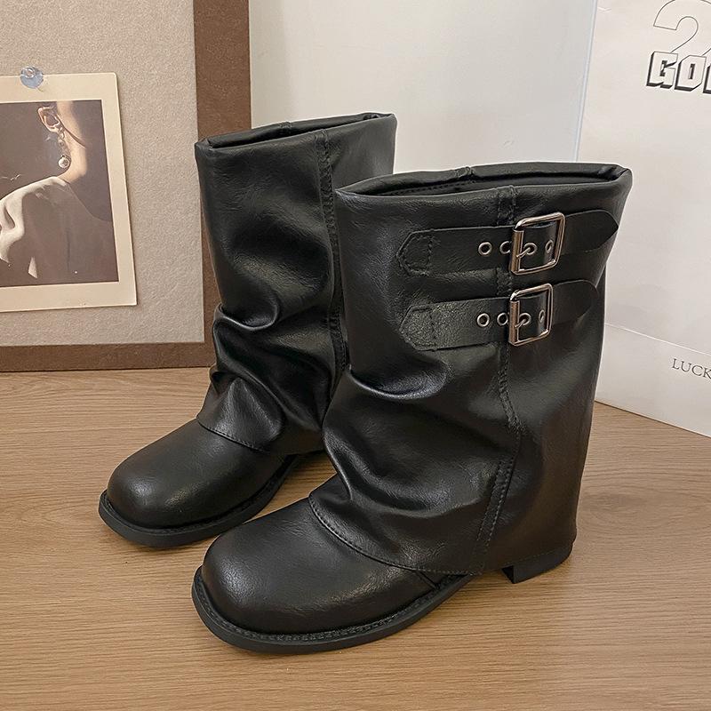 

Niche trousers women s boots women s 2025 new autumn pleated piled boots western boots versatile thick heel black fashion boots 40 чёрный