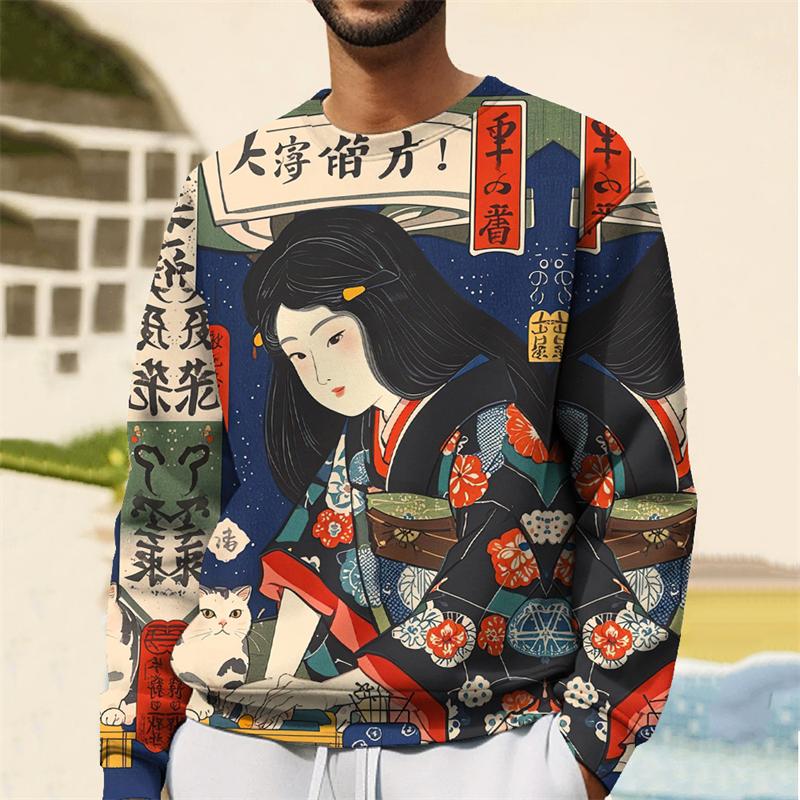 Fashion Japanese Ukiyo-E Graphic Sweatshirt For Men Spring Autumn Trend Long Sleeve 3D Printed Hoodie Casual Streetwear Pullover