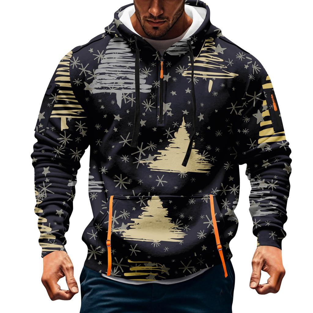 Sudadera deportiva casual de media cremallera con capucha y estampado navideño para hombre