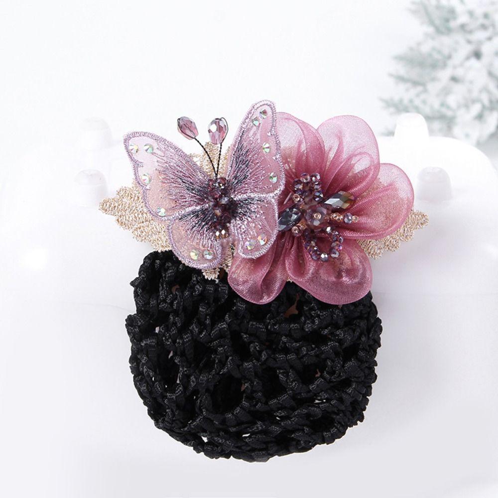 Butterfly Flower Hair Bun Net Korean Style Hair Bun Holder Work Hair Accessory Hotel Staff Uniform