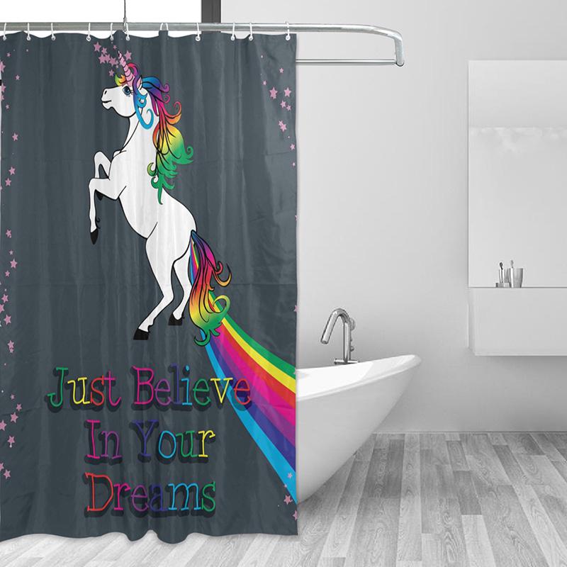Lovely Cartoon Unicorn Shower Curtain Smiling Animal Poop A Rainbow Waterproof Fabric Bathroom Curtains Mildew Resistant Curtain
