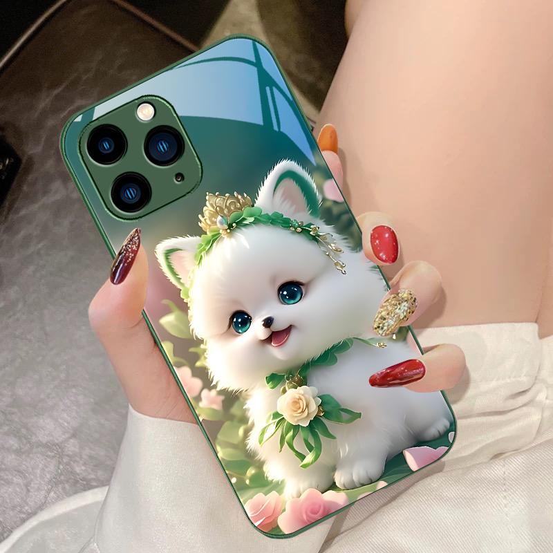Cute Little Dog Green For IPhone 16 Pro Max 15 Pro 14 13 12 Mini 11 XS Max XR 7 8 Plu SE 2022 Tempered Glass Phone Case