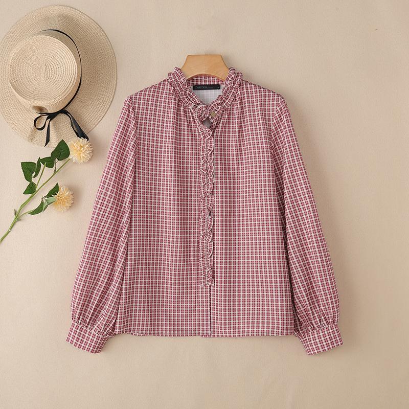 ZANZEA Women Grid Print Casual V-neck Loose Long Sleeve Blouse