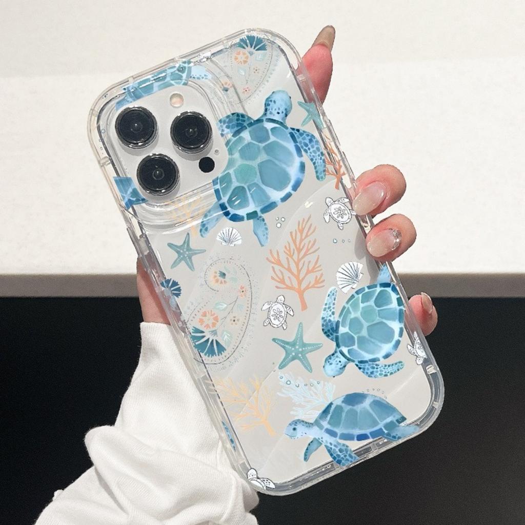Coque de téléphone transparente avec impression de tortue bleue et airbag, Convient pour les téléphones séries iPhone 17, 16, 15, Plus, Pro, Max - Idéale pour offrir