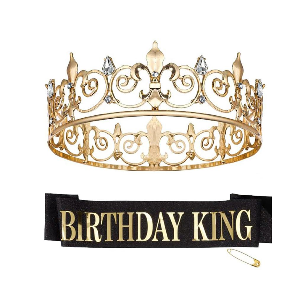 Party Royal Crown med skärp för män Kvinnor Födelsedag King Rhinestone Crown Shoulder Wrap Set Kvällsfestrekvisita tillbehör