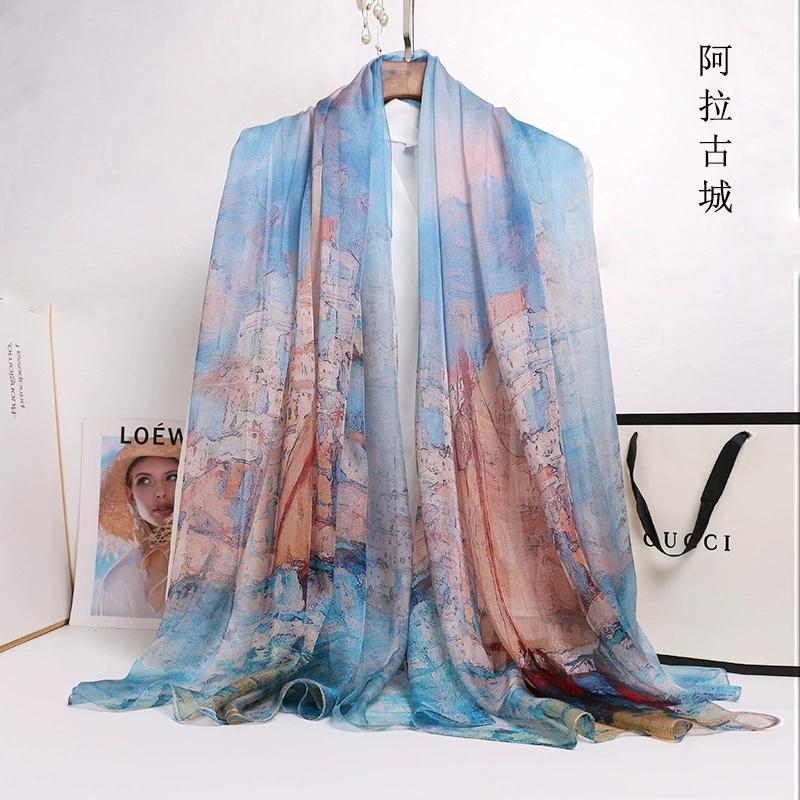 Spring Summer 100% Silk Scarf Shawl Hijab Wrap Women Long Thin Flower Beach Scarves 180*110cm