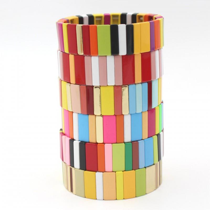 Geometric Enamel Bracelet With Rainbow Beads Multi-Layer Stackable Alloy Bangle Couples Unisex Jewelry