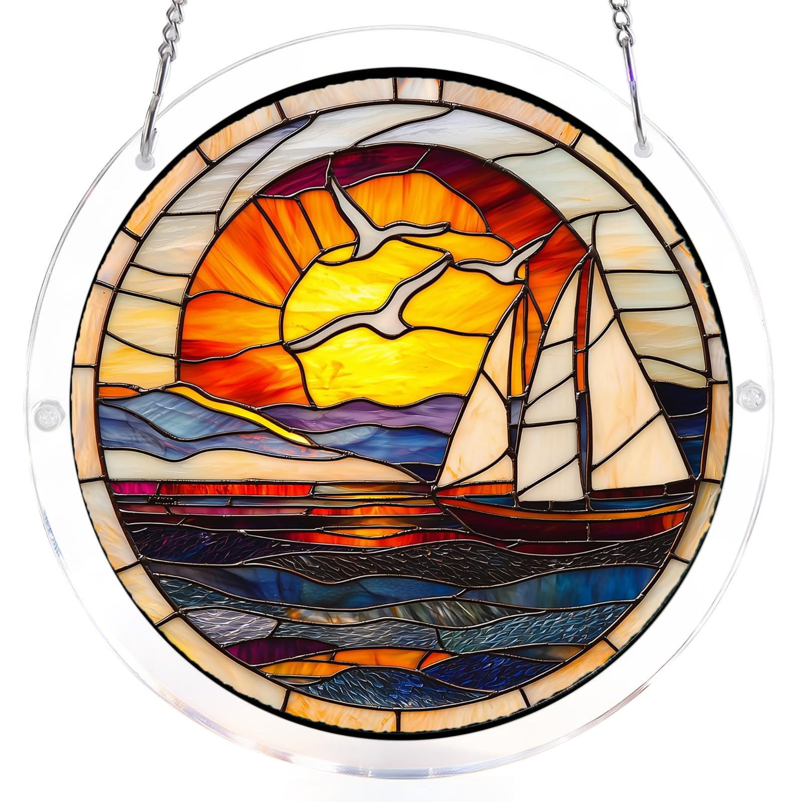 

Round Acrylic Suncatcher Window Hanging Three Layer 2mm Panel with Sailboat and Sunset Pattern for Home Decoration One Size