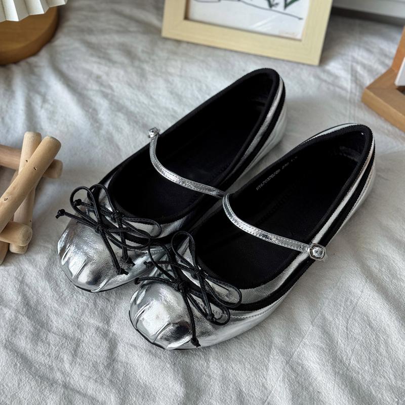 Designer Silvery Women Flats Shoes Concise Round Toe Eelgant Soft Sole Mary Jane Shoes