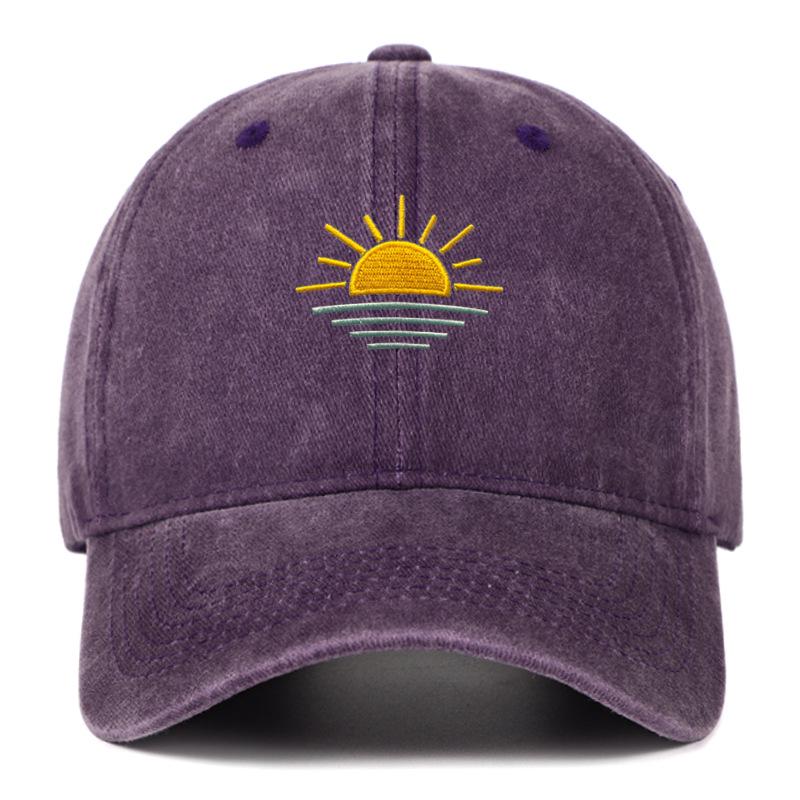 Unisex Vintage Washed Baseball Cap - Embroidered Beach Sunrise, Breathable & Sun Protective for Summer Outdoor Activities