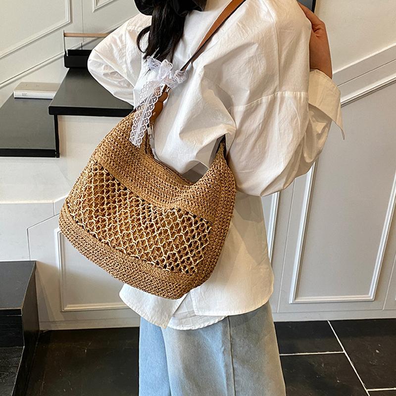 Women Hollow Shoulder Bag Large Capacity Straw Weaving Travel Handbag Adjustable Strap Shopper Tote Bag