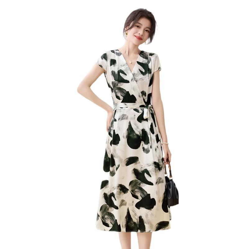 Mulberry band mulberry silk dress  women slim silk skirt noble printed lace-up silk dress